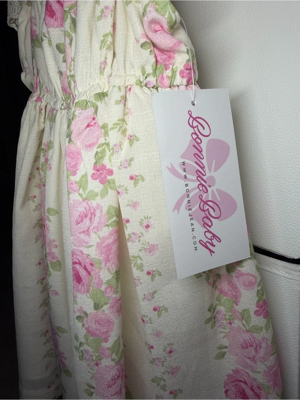 Bonnie Baby Cream Dress with Pink Rose Print and Lace Ruffles